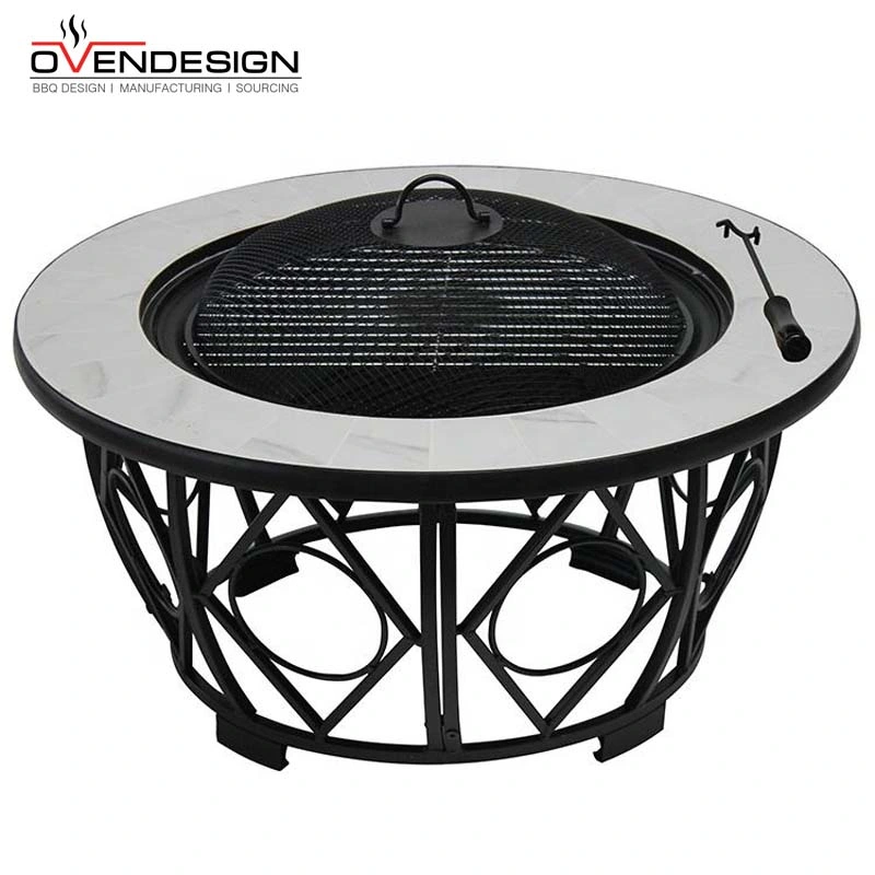 Outdoor Wood/Pellets/Charcoal Ceramic Top Round Table Fire Pit with Center Lid